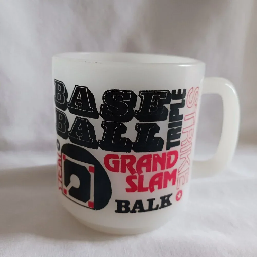 Vintage Glasbake Milk Glass Coffee Mug Baseball Terminology Strike Balk More‎